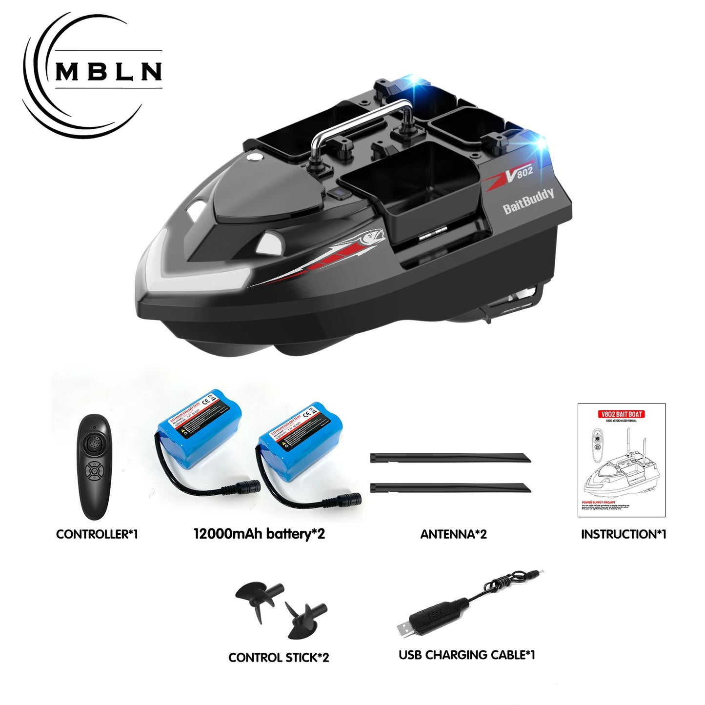 MBLN Bait Boat with 4 Independent Hoppers,Dual Antennas for 500m Range, Dual Power Supply, Front & Rear Lights for Night Fishing