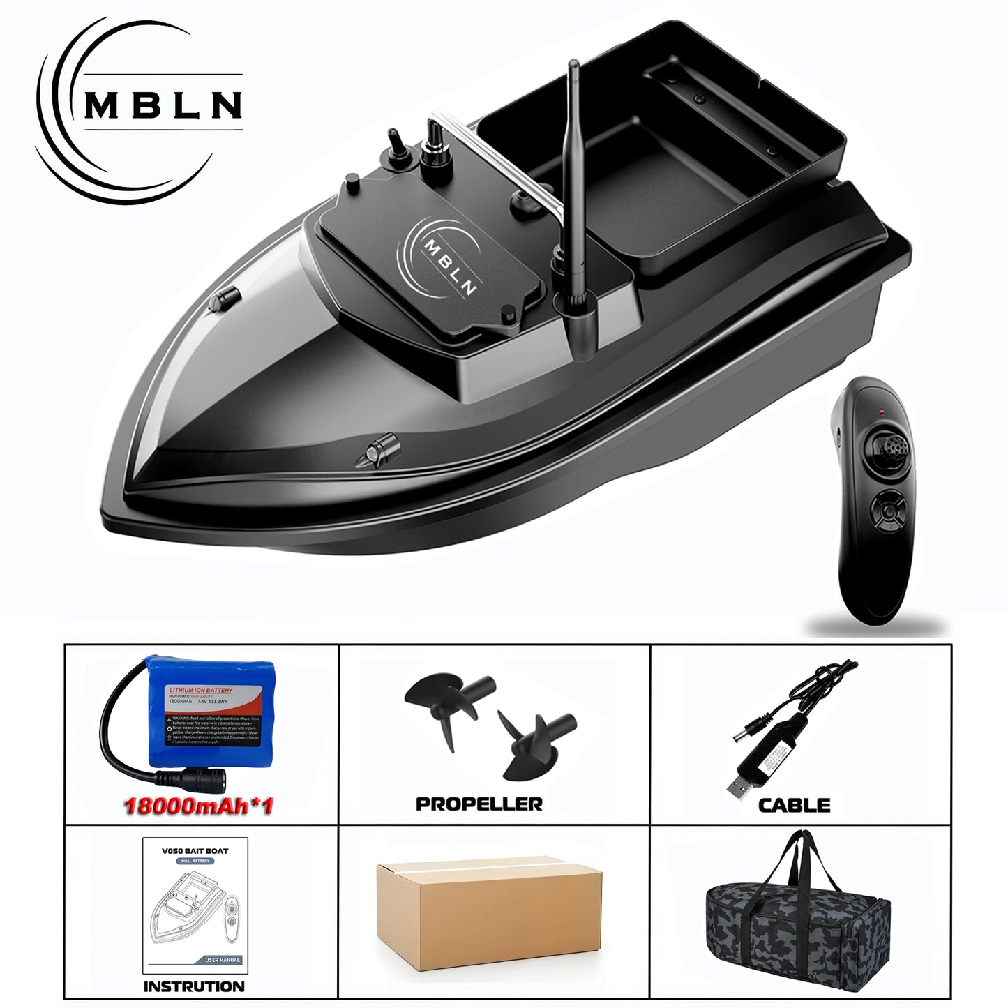 MBLN Brand,RC Carp Fishing Bait Boat,Double Bait Hopper,2kg Bait Capacity, 300m Remote Control Range,Low Battery Warning