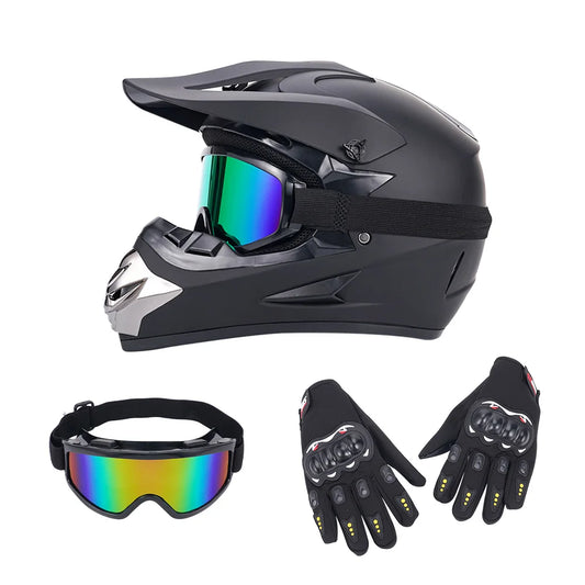 Off-road Motorbike Full Face Helmet For Adult Dirt Bike UTV Off-Road Helmet Goggles Gloves And Face Mask Matte Black DOT