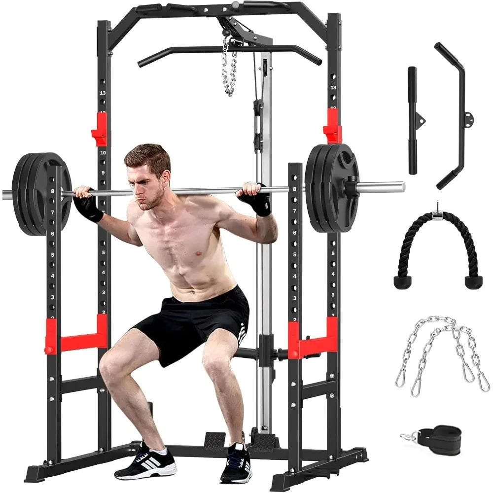 Multi - Function Power Rack - Home Gym, Pulley System, Bench Press, Squat, LAT Pull - Down