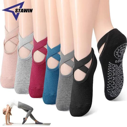 1 Pair Sports Yoga Socks for Women Girls Non-Slip Grips & Straps, Ideal for Pilates, Pure Barre, Ballet, Dance, Barefoot Workout