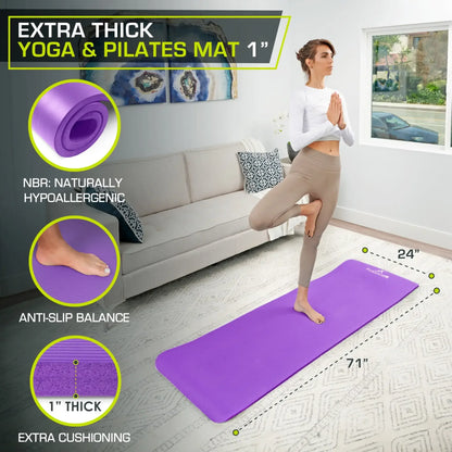 1-Inch Extra Thick Yoga Mat for Pilates, Non-Slip & Water-Resistant, Joint Protection, with Carry Sling