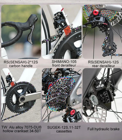 TWITTER CYCLONE Carbon Wheel Road Bike 2X12S SENSAH Derailleur Adult Men's Carbon Hydr Disc Bicycle With Inner-Cables Routing