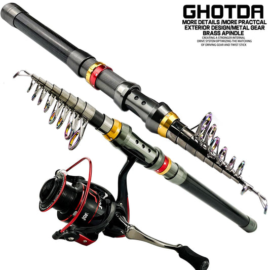 Ghotda Strong And Durable Carbon Fishing Rod Combo 1.8-3.6M and Spinning Fishing Reel Gear Ratio: 5.5:1 Fishing Kit Set