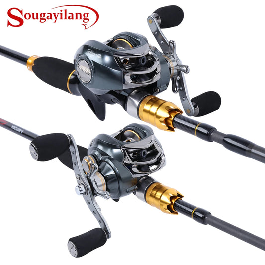Sougayilang Lure Fishing Rod and Baitcasting Reel 4 Sections Carbon Spinning Lure Rod and Casting Fishing Reel Sets Pesca