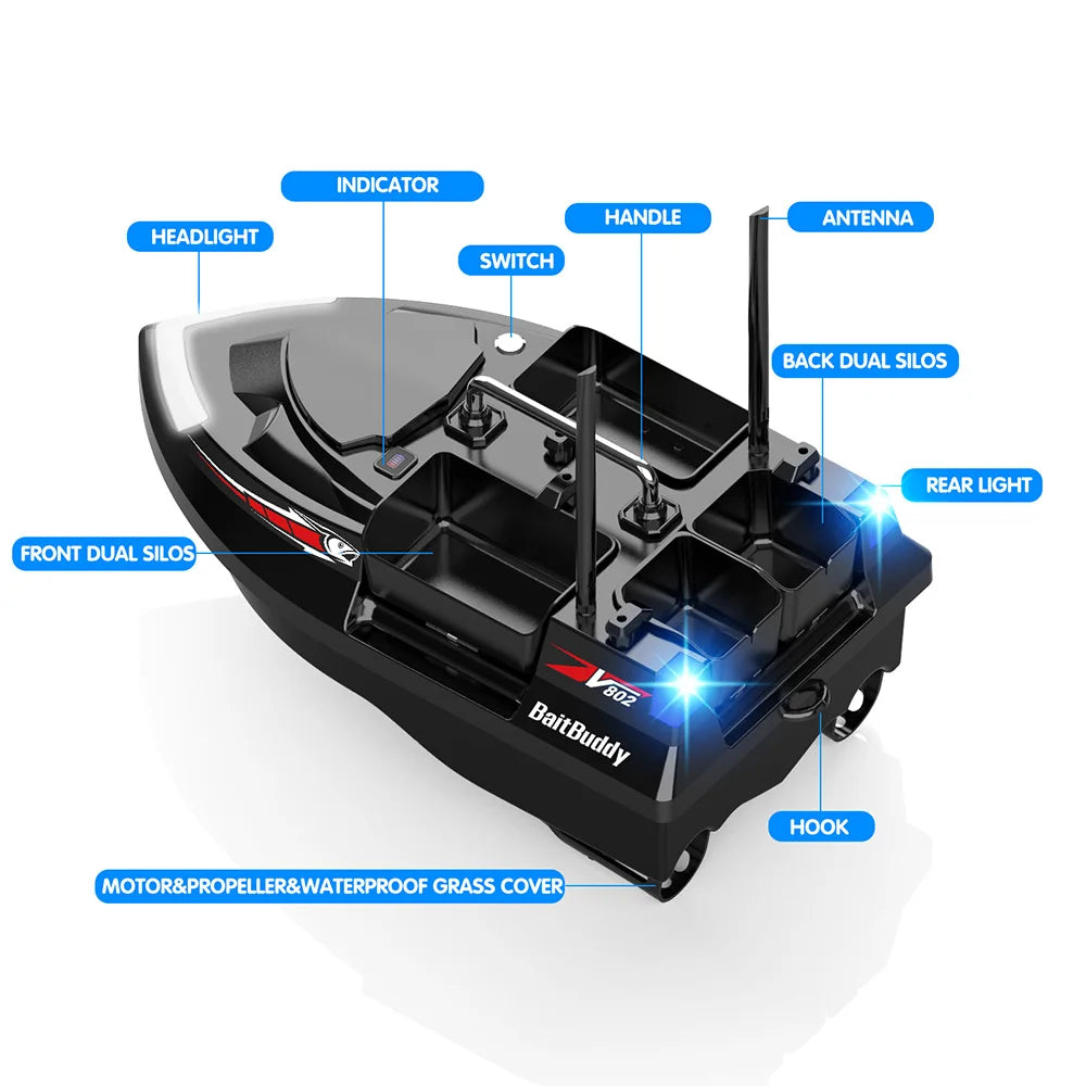 MBLN Bait Boat with 4 Independent Hoppers,Dual Antennas for 500m Range, Dual Power Supply, Front & Rear Lights for Night Fishing