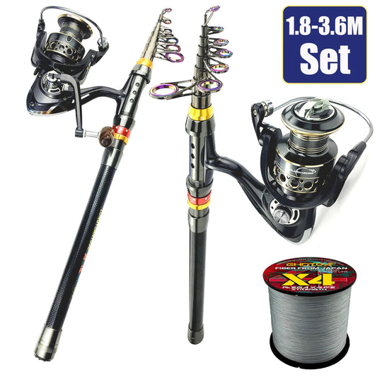 1.8-3.6m Feeder Sea Pole Combo Carbon Telescopic Spinning Fishing Rod Reel Set Short Travel Pole Long Casting Rods Fishing Set