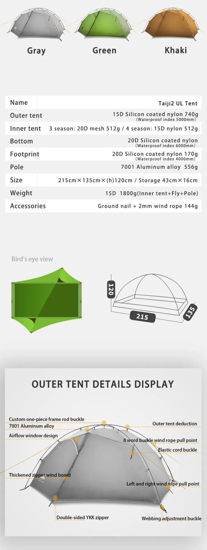 FLAME'S CREED TAIJI 2 15D Nylon Camping Ultralight Tent Outdoor 2 Persons 3/4 Season  Double Layer Camping  Hiking Tents