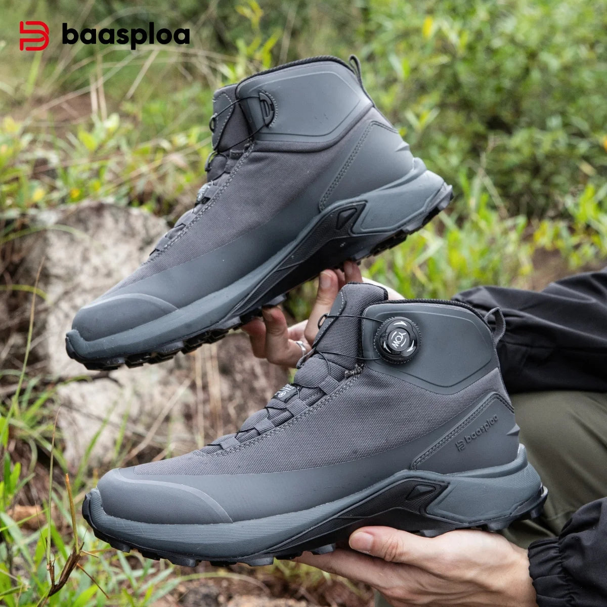 Baasploa Men Outdoor Sneakers Anti Splash Water Rotating Button Hiking Shoes Comfort High-Top Trekking Walking Shoes Non-Slip