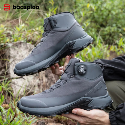 Baasploa Men Outdoor Sneakers Anti Splash Water Rotating Button Hiking Shoes Comfort High-Top Trekking Walking Shoes Non-Slip