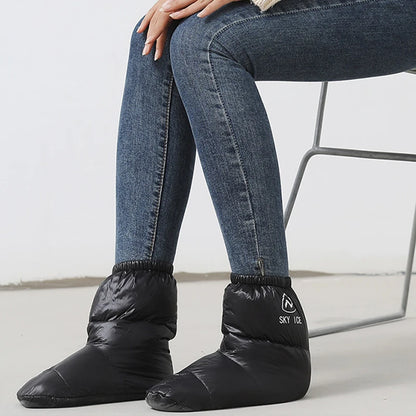 Winter Outdoors Shoe Covers White Duck Down Camping Slippers Warm Socks for Sleeping Bag Indoors Warm Boots Waterproof