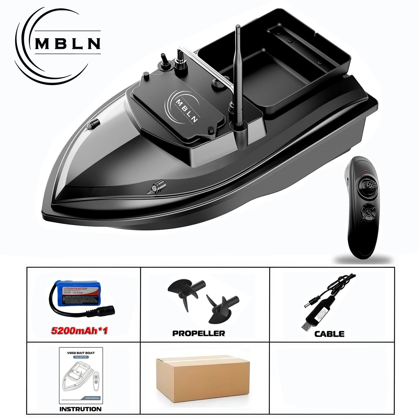 MBLN Brand,RC Carp Fishing Bait Boat,Double Bait Hopper,2kg Bait Capacity, 300m Remote Control Range,Low Battery Warning