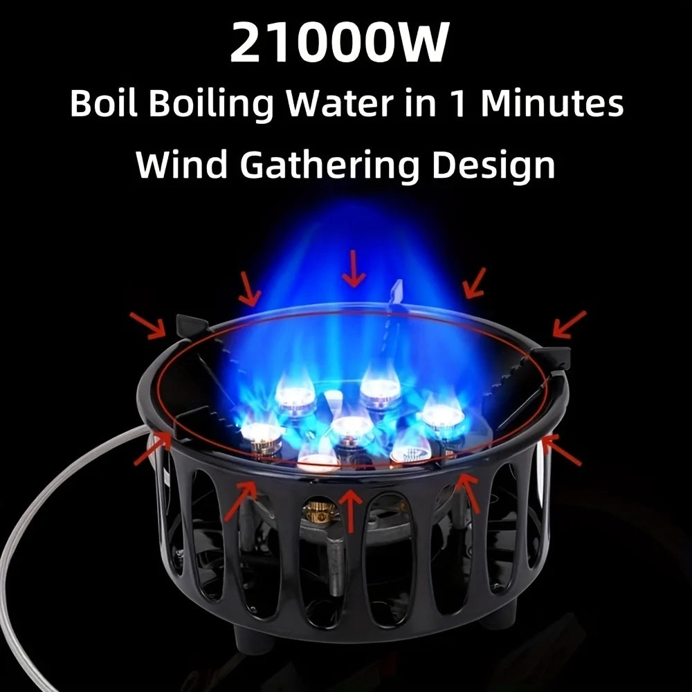 21000W 7-Core Camping Stove High-Power Strong Fire Windproof Electronic Ignition Tourist Gas Stove Burner for Cooking Picnics