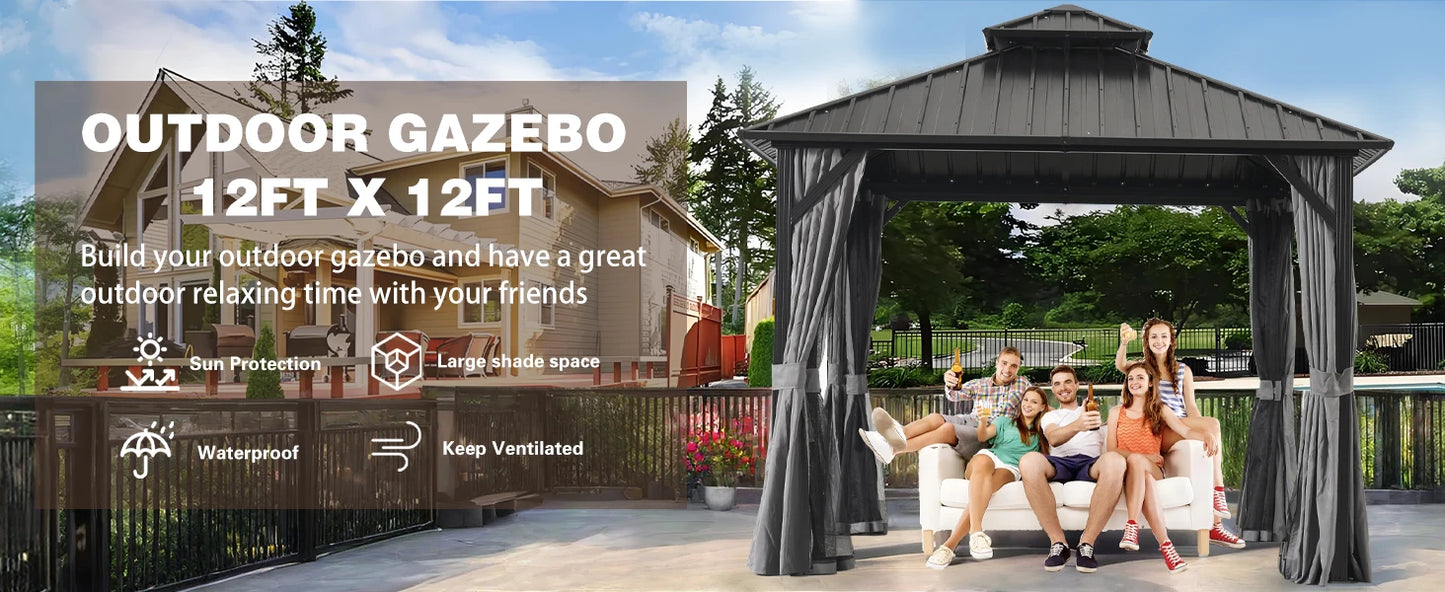 12 * 12FT Patic Gazebo with Steel Canopy,Outdoor Permanent Hardtop Gazebo Canopy for Patio, Garden, Backyard (12X12FT)