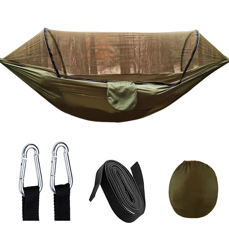 260*140cm Automatic Quick-opening Mosquito Net Hammock Outdoor Camping Bed Pole Anti-rollover Nylon Hammock with Mosquito Net