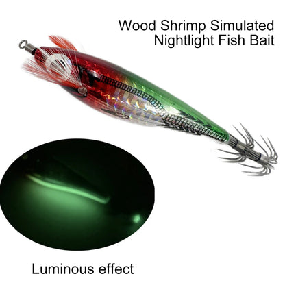 1/5PCS Laser Luminous Floating Horizontal Wood Shrimp Egi Lure Squid Jigging Shrimp Hook Octopus Cuttlefish Night Fishing Baits