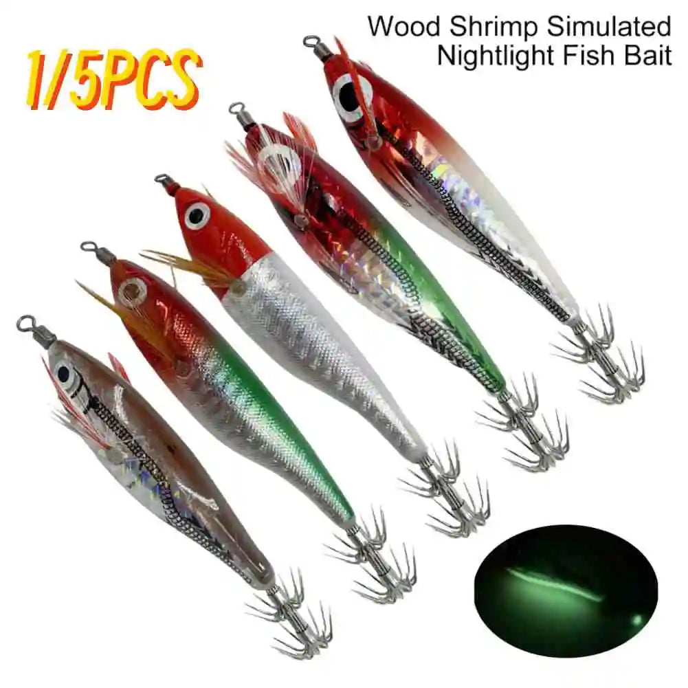 1/5PCS Laser Luminous Floating Horizontal Wood Shrimp Egi Lure Squid Jigging Shrimp Hook Octopus Cuttlefish Night Fishing Baits
