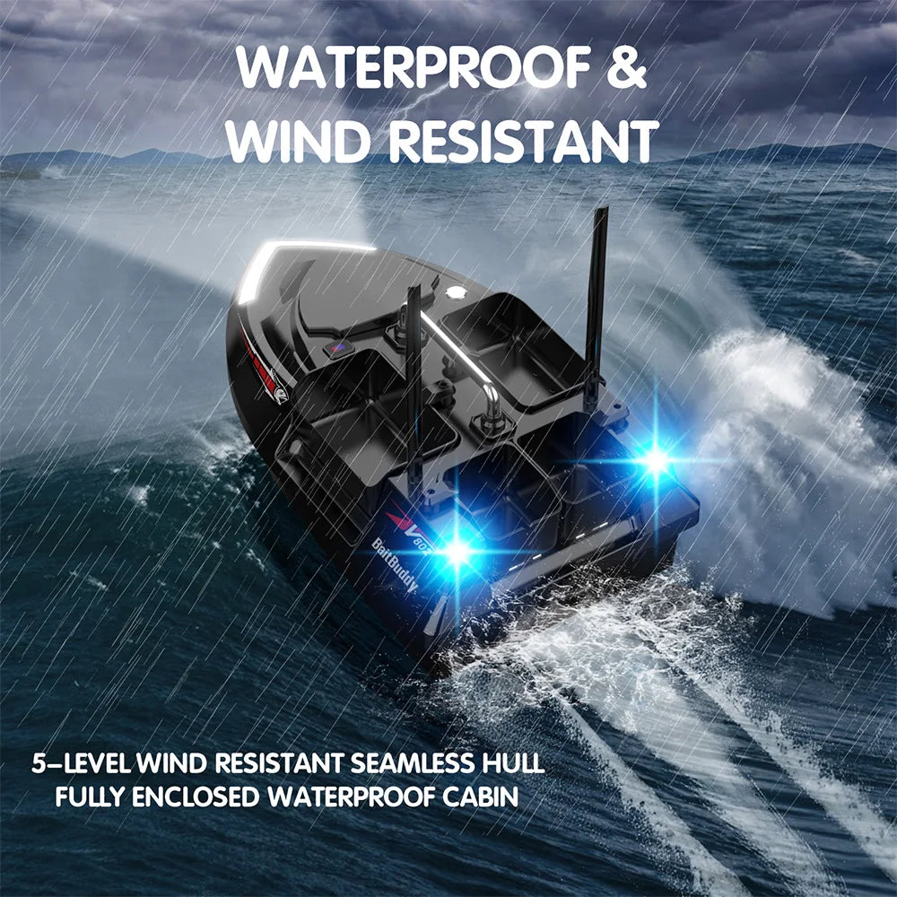 MBLN Bait Boat with 4 Independent Hoppers,Dual Antennas for 500m Range, Dual Power Supply, Front & Rear Lights for Night Fishing
