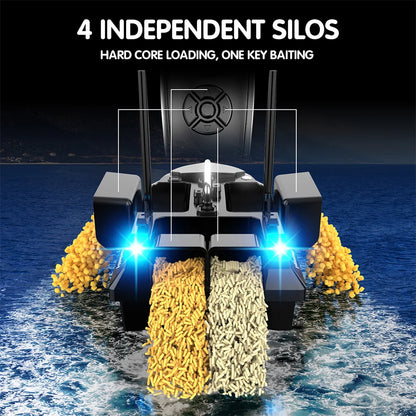 MBLN Bait Boat with 4 Independent Hoppers,Dual Antennas for 500m Range, Dual Power Supply, Front & Rear Lights for Night Fishing