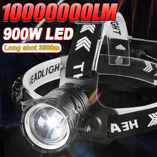 10000000LM Powerful Headlamp High Power LED Headlight 3 Modes Head Flashlight With Warning Light Camping Fishing Hunting Lights