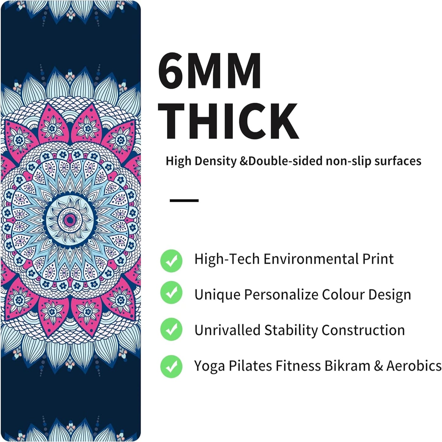 Ultimate Workout Mat - Beautiful Extra Thick TPE Yoga Mat with Non Slip Surface and Carrying Bag - 6MM Thick, 72"x24" Size - Ide