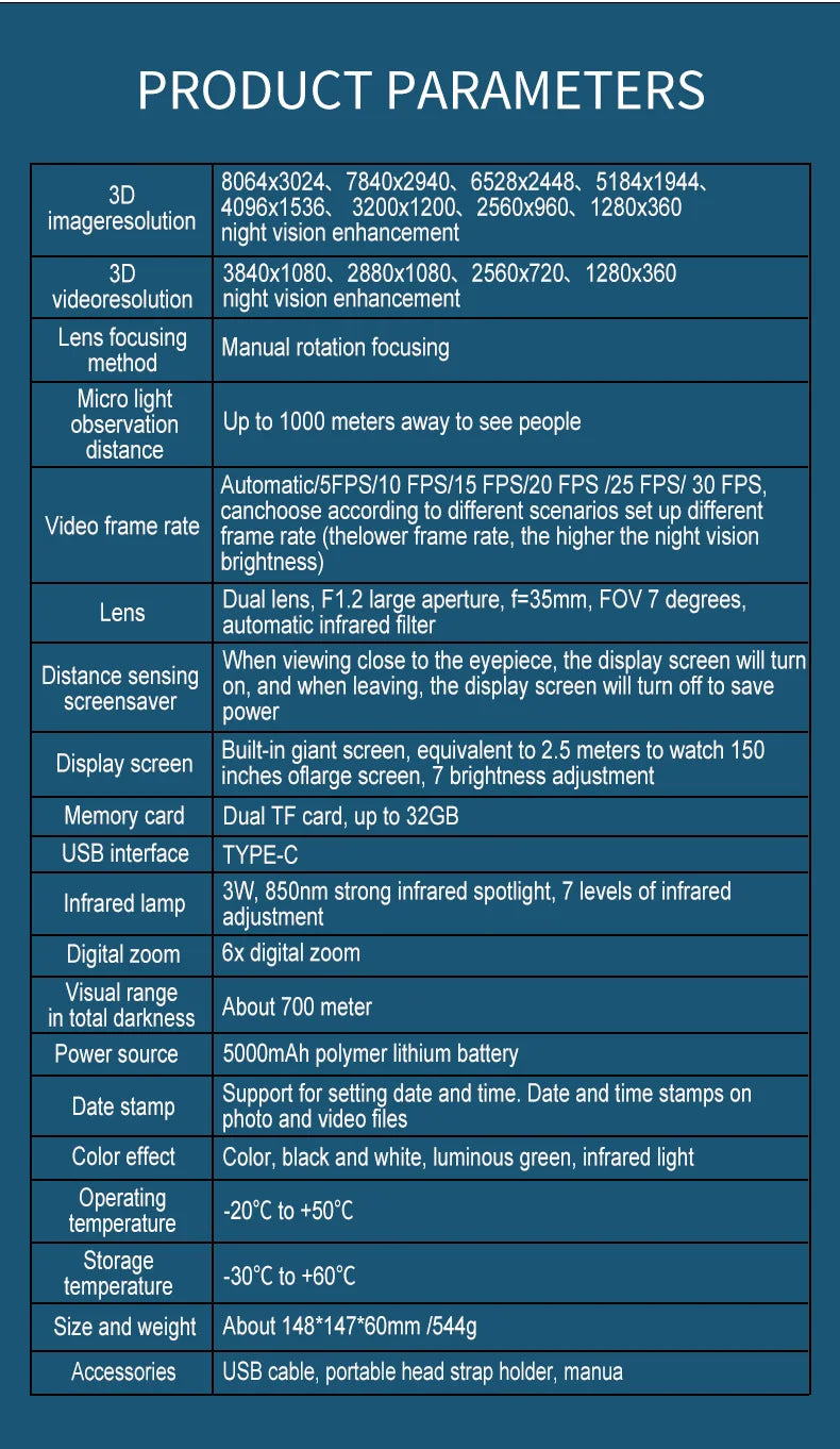 1000m 8K Night Vision Binoculars 3D VR Infrared Night Vision 6X Digital Zoom 5000mAh Battery,Compass, for Camping Hiking Concert