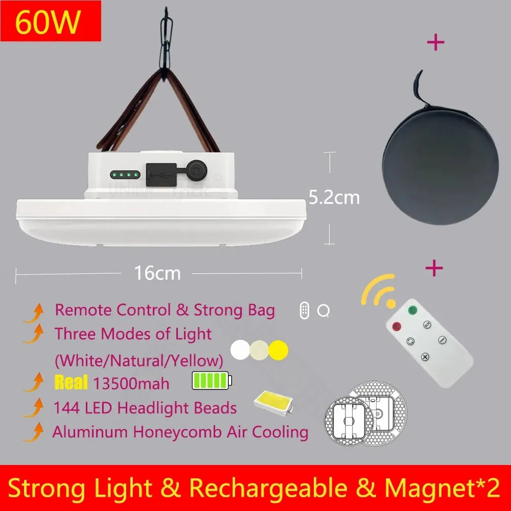 13500mAh Remote Control LED Rechargeable Camping Lantern Magnet Strong Light Portable Flashlights Tent Lights with Case Bag