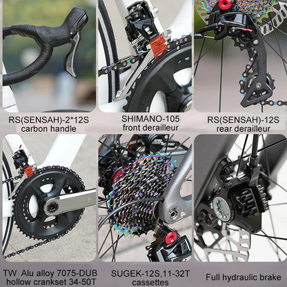 TWITTER CYCLONE Carbon Wheel Road Bike 2X12S SENSAH Derailleur Adult Men's Carbon Hydr Disc Bicycle With Inner-Cables Routing