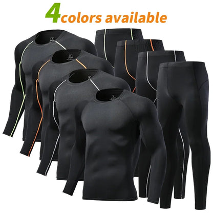 Mens Compression Set Running Tights Workout Fitness Jogging Training Clothes Tracksuit Men Long Sleeve Shirt Sport Suit 725+726
