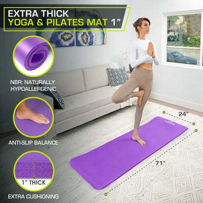 1-Inch Extra Thick Yoga Mat for Pilates, Non-Slip & Water-Resistant, Joint Protection, with Carry Sling
