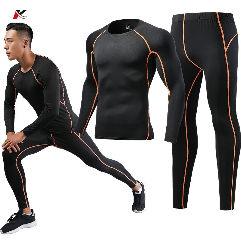 Mens Compression Set Running Tights Workout Fitness Jogging Training Clothes Tracksuit Men Long Sleeve Shirt Sport Suit 725+726