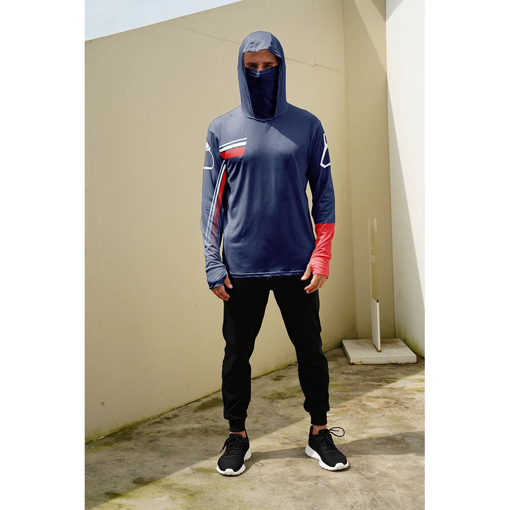 Men's casual hooded fishing suit with face mask quick drying long sleeved sun protection outdoor fishing hiking clothing