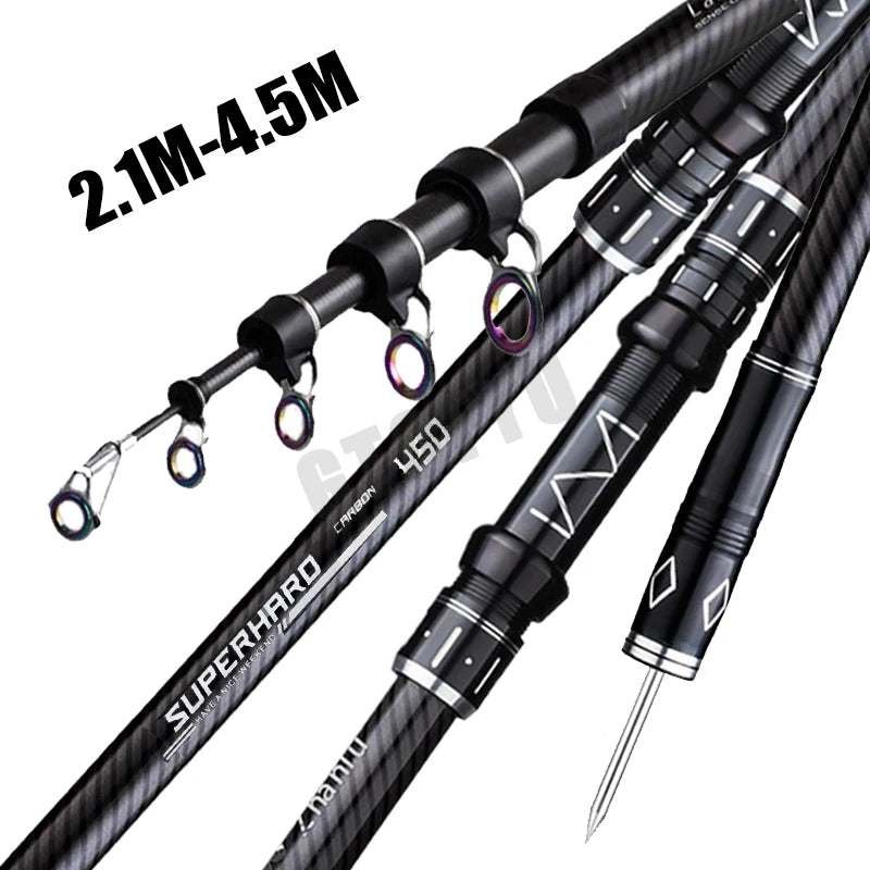 2.1-4.5M Telescopic Fishing Rod Carbon Spinning Fishing Pole Boat Saltwater Freshwater Beach Rock Surfcasting Baitcasting Rod