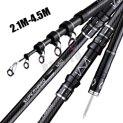 2.1-4.5M Telescopic Fishing Rod Carbon Spinning Fishing Pole Boat Saltwater Freshwater Beach Rock Surfcasting Baitcasting Rod
