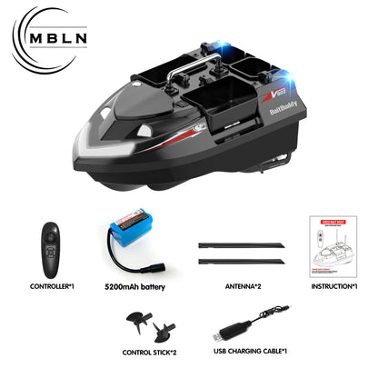 MBLN Bait Boat with 4 Independent Hoppers,Dual Antennas for 500m Range, Dual Power Supply, Front & Rear Lights for Night Fishing