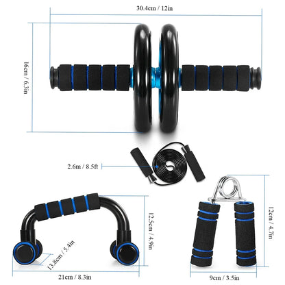 5-In-1 Abdominal Wheel Roller Kit with Push-Up Bar Jump Rope Hand Gripper and Knee Pad Abdominal Core Carver Fitness AB Wheels