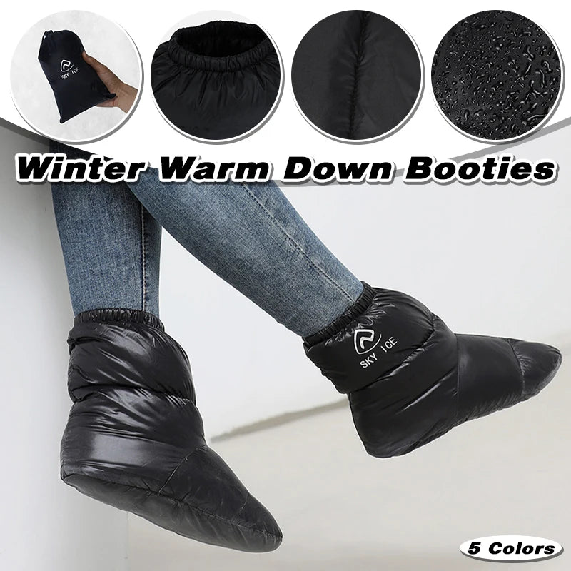 Winter Outdoors Shoe Covers White Duck Down Camping Slippers Warm Socks for Sleeping Bag Indoors Warm Boots Waterproof