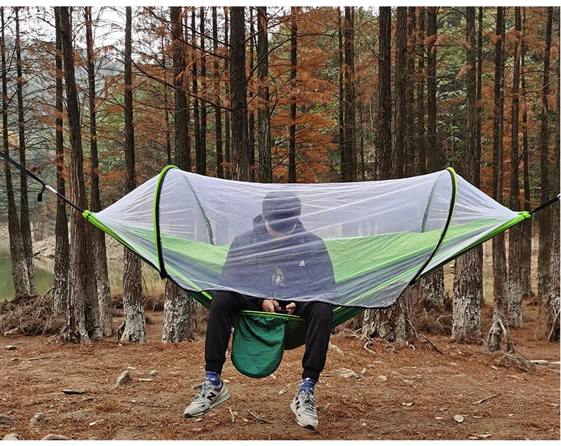 260*140cm Automatic Quick-opening Mosquito Net Hammock Outdoor Camping Bed Pole Anti-rollover Nylon Hammock with Mosquito Net