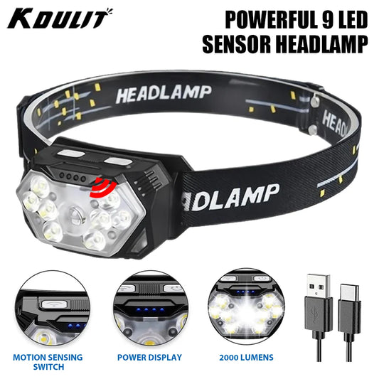 Powerful LED Sensor Headlamp USB Rechageable Headlight Led Head Torch Camping Search Light with Built-in Battery Fishing Lantern