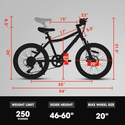 20 Inch Children's Mountain Bike With 7 Speed Sports for 7-15 Year Old Boys and Girls Sports Bicycles with Front dc brake