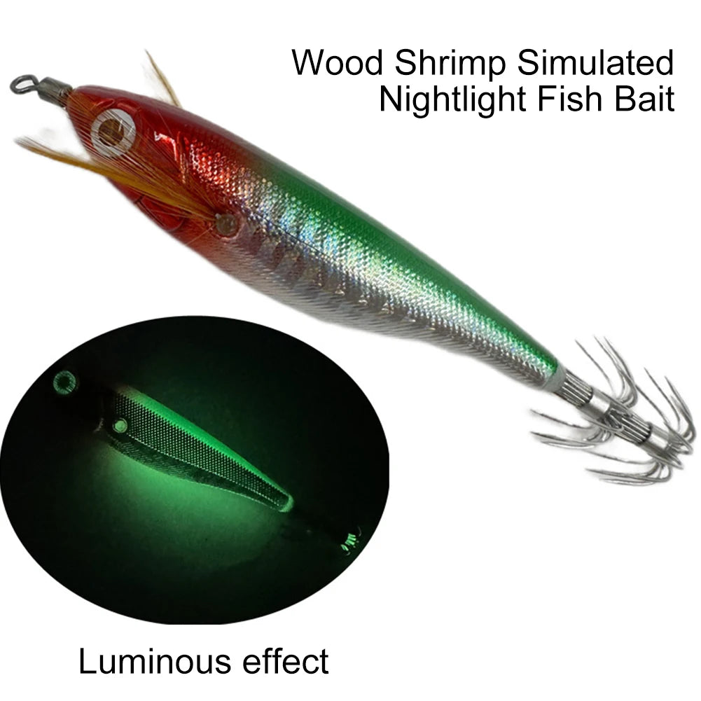 1/5PCS Laser Luminous Floating Horizontal Wood Shrimp Egi Lure Squid Jigging Shrimp Hook Octopus Cuttlefish Night Fishing Baits