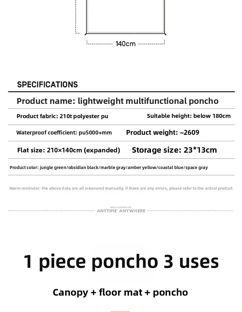 3-in-1 outdoor raincoat Hooded sleeve waterproof poncho Camping hiking Raincoat tent motorcycle rain cover