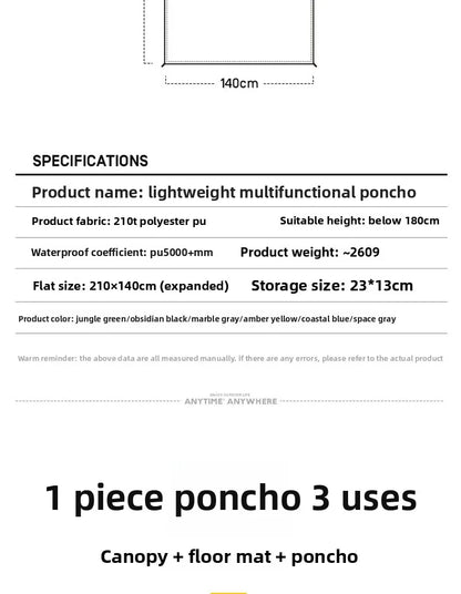 3-in-1 outdoor raincoat Hooded sleeve waterproof poncho Camping hiking Raincoat tent motorcycle rain cover