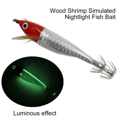1/5PCS Laser Luminous Floating Horizontal Wood Shrimp Egi Lure Squid Jigging Shrimp Hook Octopus Cuttlefish Night Fishing Baits