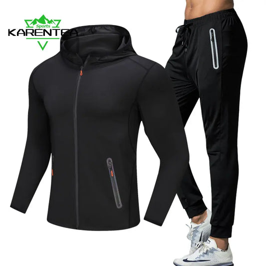 Running Jacket Hooded Jogging Tight Sportswear Quick Dry Men Reflective Training Set Gym Clothes Fitness Compression Sport Suit