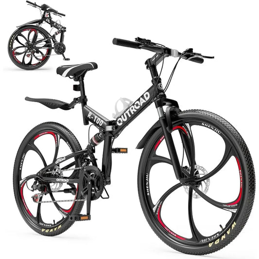 26 Inch Folding Mountain Bike, 21 Speed Full Suspension Bicycle with High-Carbon Steel, Dual Disc Brake Non-Slip Quick