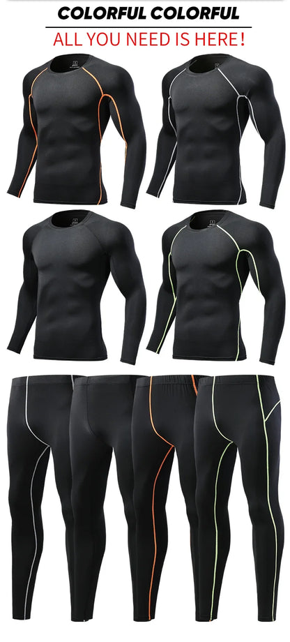 Mens Compression Set Running Tights Workout Fitness Jogging Training Clothes Tracksuit Men Long Sleeve Shirt Sport Suit 725+726