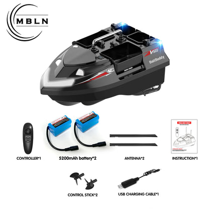 MBLN Bait Boat with 4 Independent Hoppers,Dual Antennas for 500m Range, Dual Power Supply, Front & Rear Lights for Night Fishing