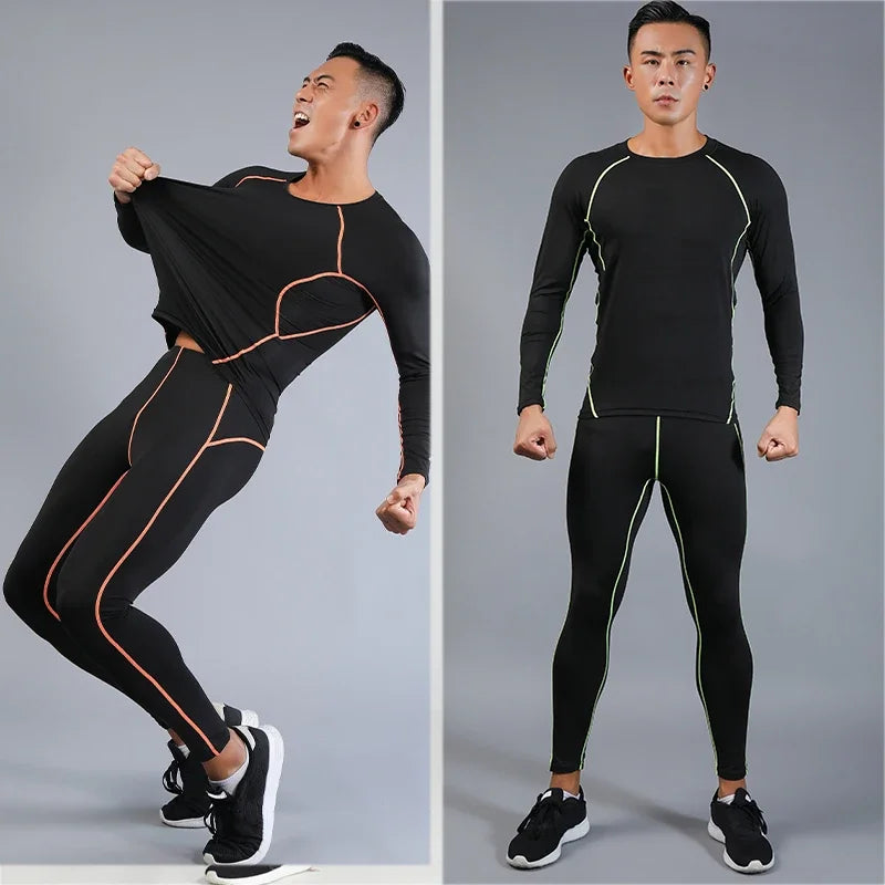 Mens Compression Set Running Tights Workout Fitness Jogging Training Clothes Tracksuit Men Long Sleeve Shirt Sport Suit 725+726