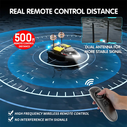 MBLN Bait Boat with 4 Independent Hoppers,Dual Antennas for 500m Range, Dual Power Supply, Front & Rear Lights for Night Fishing